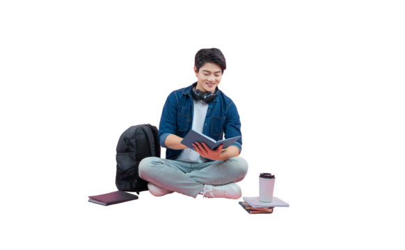 Full body image of young Asian male student posing on PNG background	
