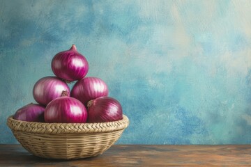 Red onions stacked in a woven basket