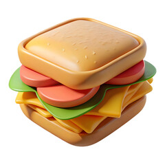 Tasty Grilled Cheese Sandwich with Tomato and Lettuce – 3D Rendered Iconic Lunch Snack in Transparent PNG Tasty Fast Food Icon for Menu Design, Kids Graphics, and Food Branding