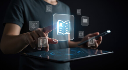 Digital learning: Young adult interacts with digital books on a tablet for online education and knowledge expansion