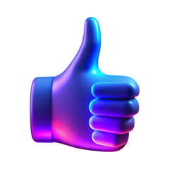 3d rendering neon thumbs up glowing in electric blue and purple on transparent background