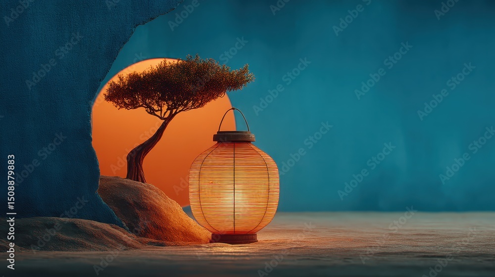 Poster striking bonsai tree illuminated inside a lantern creating a magical evening atmosphere with soft gl