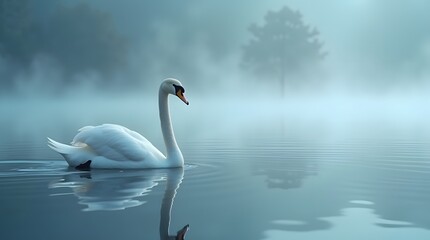 Fototapeta premium Elegant mute swan on a misty lake. Serene and graceful, perfect for nature, wildlife, or peaceful scene visuals. High-quality photo for various creative projects.
