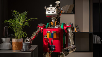 Home-use service robot with retro aesthetics—humanoid assistant designed for modern living, offering smart functionality, tech elegance, and domestic support