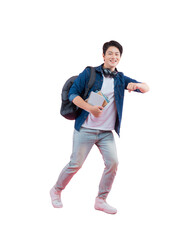 Full body image of young Asian male student holding book , wear backpack and posing on PNG background	