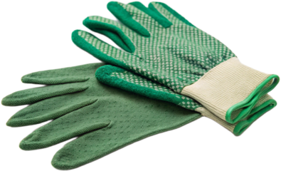 Close-up of green gardening gloves with textured grip pattern isolated