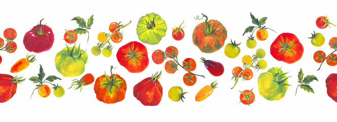 Seamless horizontal pattern with farm tomatoes of different varieties and colors. Border banner. Hand-painted in acrylic style, perfect for textiles, packaging, wallpaper, and summer-themed designs