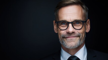 Close-up portrait of a mature businessman wearing glasses on a black background, featuring a professional appearance with clear copy space for text or design elements.