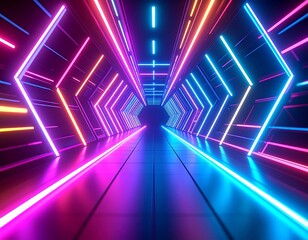 Vibrant neon lights form a futuristic, hexagonal tunnel