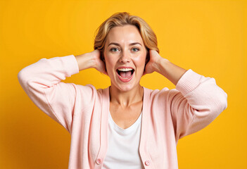 Joyful Senior Woman Expressing Excitement on Bright Yellow Background