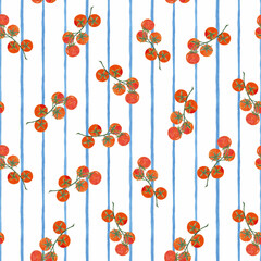 Seamless pattern with hand-painted tomatoes on a light blue striped background. Acrylic style, perfect for textiles, wallpaper, packaging, and summer-themed designs.