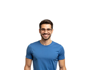 Obraz premium Smiling man with round glasses and blue tshirt looking at the camera