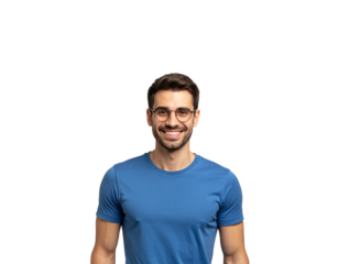 Smiling man with round glasses and blue tshirt looking at the camera