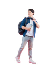 Full body image of young Asian male student holding book , wear backpack and posing on PNG background	