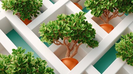 Aerial view of small bonsai tree in white cube highlighting geometric perspective and artistic arrangement of nature