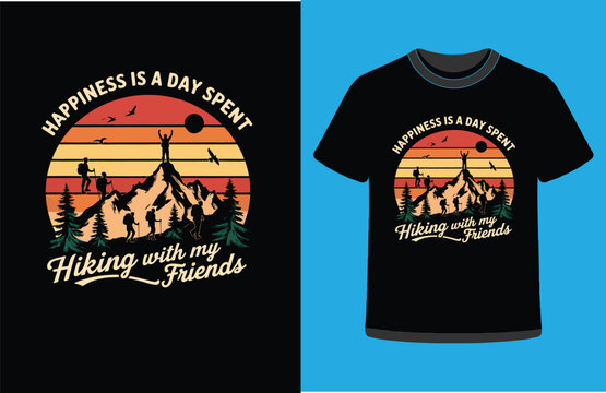 Naklejki Go Hiking Typography with Mountain Landscape and Trekker Illustration 