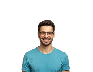Smiling man with round glasses and turquoise tshirt portrait