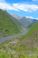 Kurmukhchay River Valley with snow-capped peaks in Ilisu, Azerbaijan