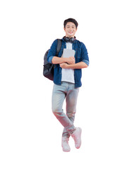 Full body image of young Asian male student holding book , wear backpack and posing on PNG background	
