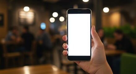 Hand holding smartphone with blank screen in blurred restaurant setting