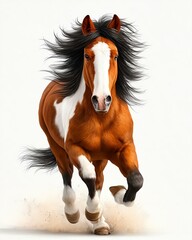 Obraz premium Majestic Horse in Full Gallop: A stunning horse with a vibrant coat of chestnut and white markings gallops freely, capturing the essence of speed and freedom.