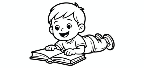 Happy Boy Lying Down Reading a Book Coloring Page