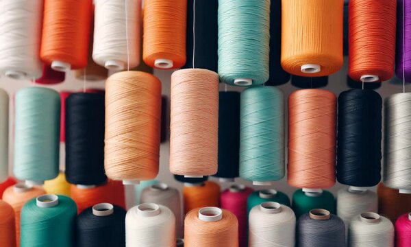 Colorful spools of thread hanging in a craft workshop, showcasing vibrant textile options