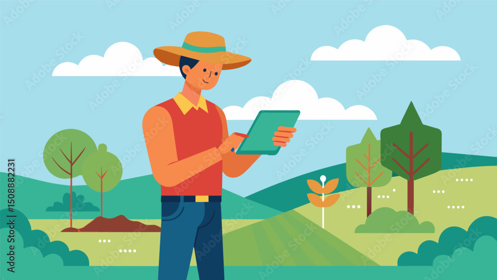 Poster a farmer stands in his field studying a data map on his tablet identifying areas with low soil moist