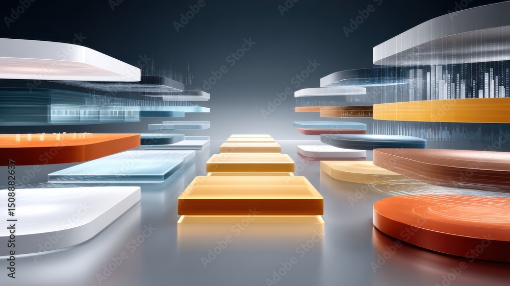 Poster futuristic abstract layers concept representing technological evolution and data interaction.