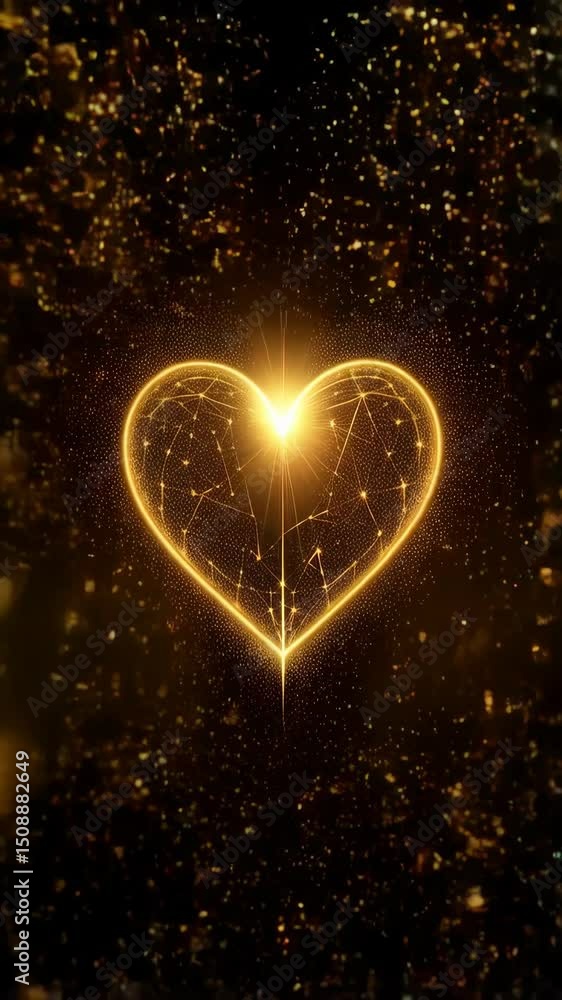 Poster abstract glowing gold heart shape composed of connected dots and lines against a bokeh background, d