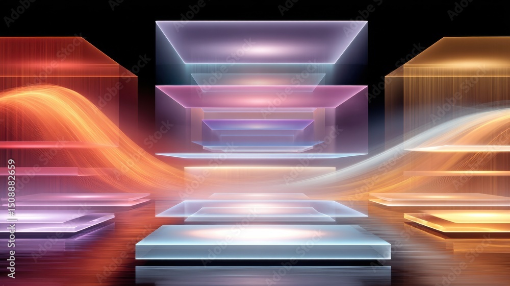 Poster abstract representation of digital blocks with futuristic glowing patterns