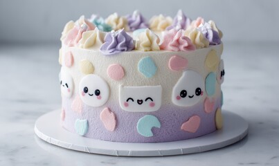 A decorated cake with pastel-colored frosting and kawaii faces.