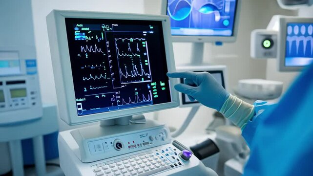 Gloved hand monitors vital signs on screen in hospital surgery room for patient care.