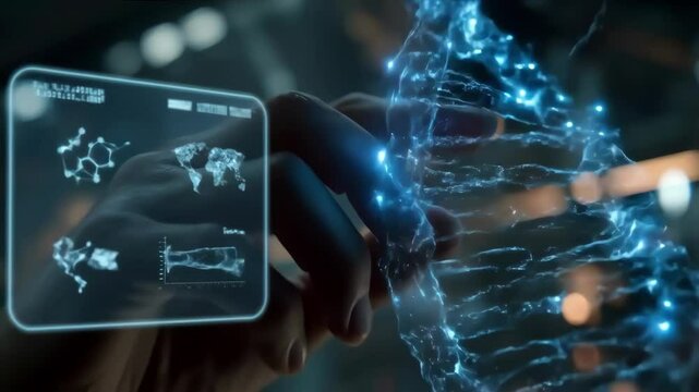 Hand controlling 3D DNA hologram with interactive charts and data windows