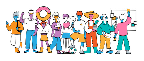 Colorful abstract figures in vibrant outfits standing in a row, holding various objects with playful minimalist design.
