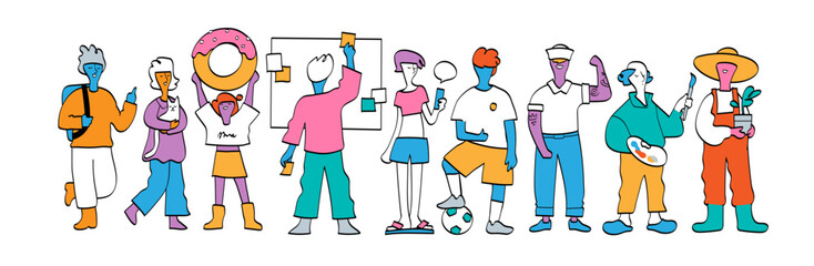 Colorful abstract figures in vibrant outfits standing in a row, holding various objects with playful minimalist design.