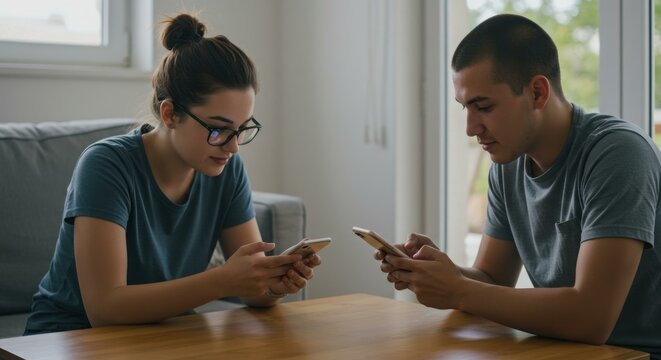 Young couple absorbed in their smartphones, sitting at a wooden table indoors