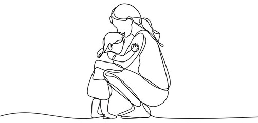 Mother and Child Embrace Single Line Art Drawing