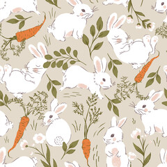 Soft White Rabbits with Carrots Vector Seamless Pattern