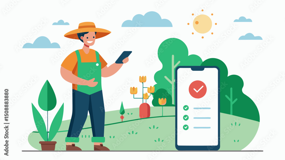 Poster a farmer checks a data map on their smartphone to see realtime temperatures in different areas of th