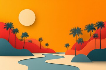 Vibrant Sunset Landscape with River and Palm Trees in Paper Cut Style
