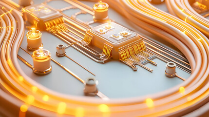 Abstract Circuit Board Design With Glowing Lines And Components