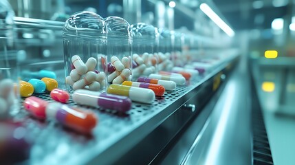 A cutting-edge AI-driven pharmaceutical factory featuring smart sensors, holographic dashboards, and immaculate cleanliness.