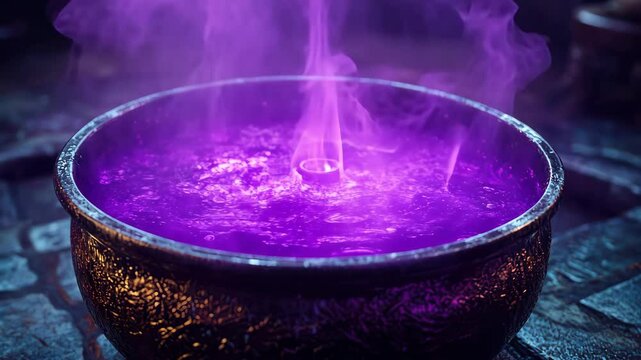 Mystical purple potion boils in black cauldron with vapor and bubbling liquid.