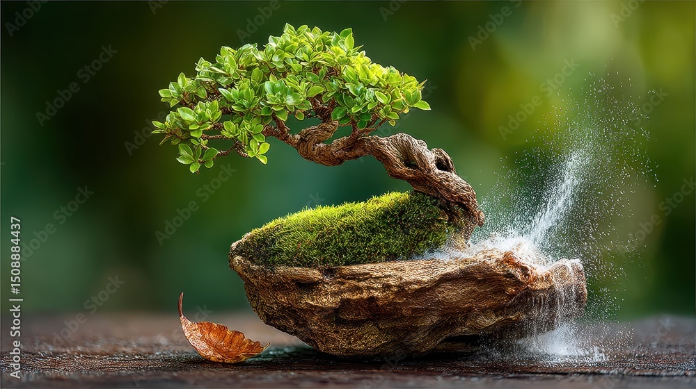 Poster majestic bonsai tree displaying intricate branches and leaves in a gentle snowfall within a dreamy f