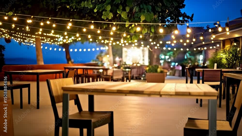 Aufkleber empty outdoor dining area with wooden tables and chairs illuminated by string lights at dusk, creati