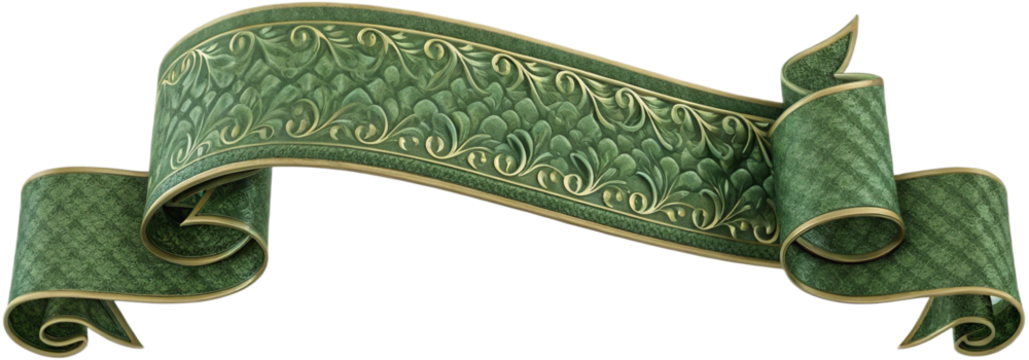 Elegant Green and Gold Scroll Banner with Intricate Leaf Detailing
