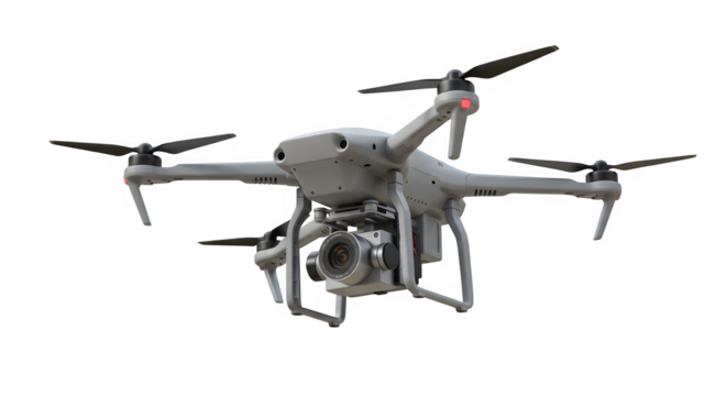 A drone with camera on a white or transparent background. PNG - Powered by Adobe