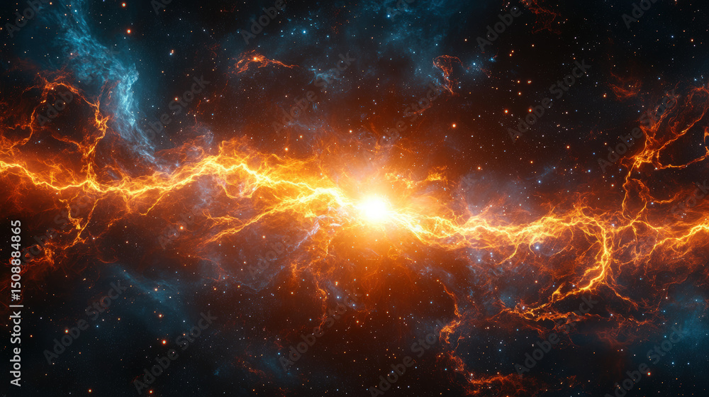 Poster cosmic explosion in a nebula. spectacular view of a cosmic event, with celestial elements in an arti