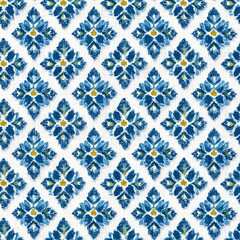 Fototapeta premium pattern, seamless, background, abstract, textile, fabric, ornament, repeat, design, decorative, blue, texture, floral, modern, grid, rhombus, diamond, tile, square, graphic, paper, wallpaper, art, su